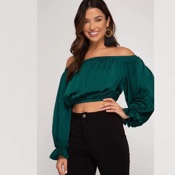 The Impeccable Pig Tops - Satin Off The Shoulder Green Crop Top